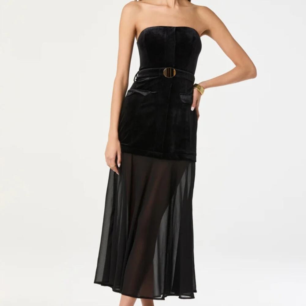 NWT ASTR The Label Black Strapless Velvet Contrast Belted Midi Dress Size XS
